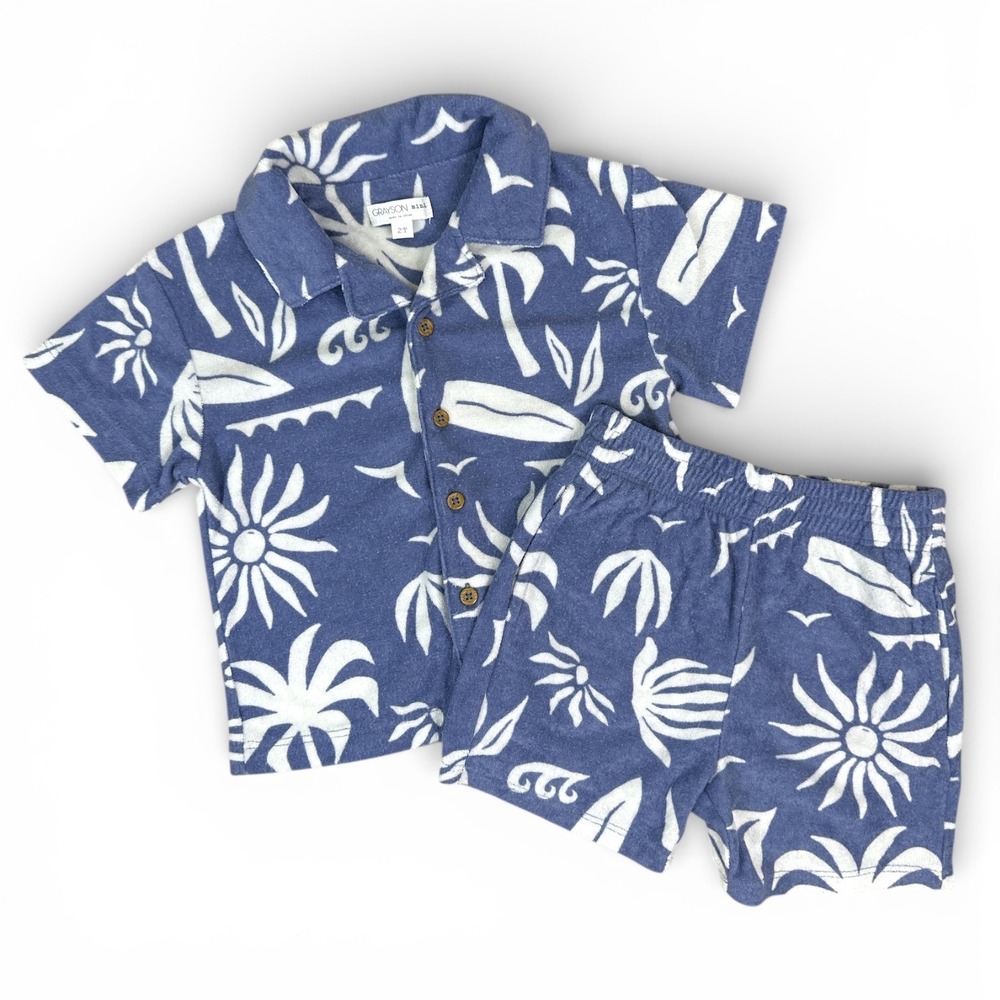 Grayson Mini Terry Cloth Set Toddler 2T Blue Tropical Palm Tree Surf Summer